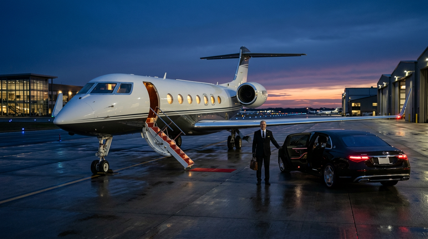 Chauffeur waiting beside a luxury sedan next to a private jet at a Bay Area FBO terminal during blue hour