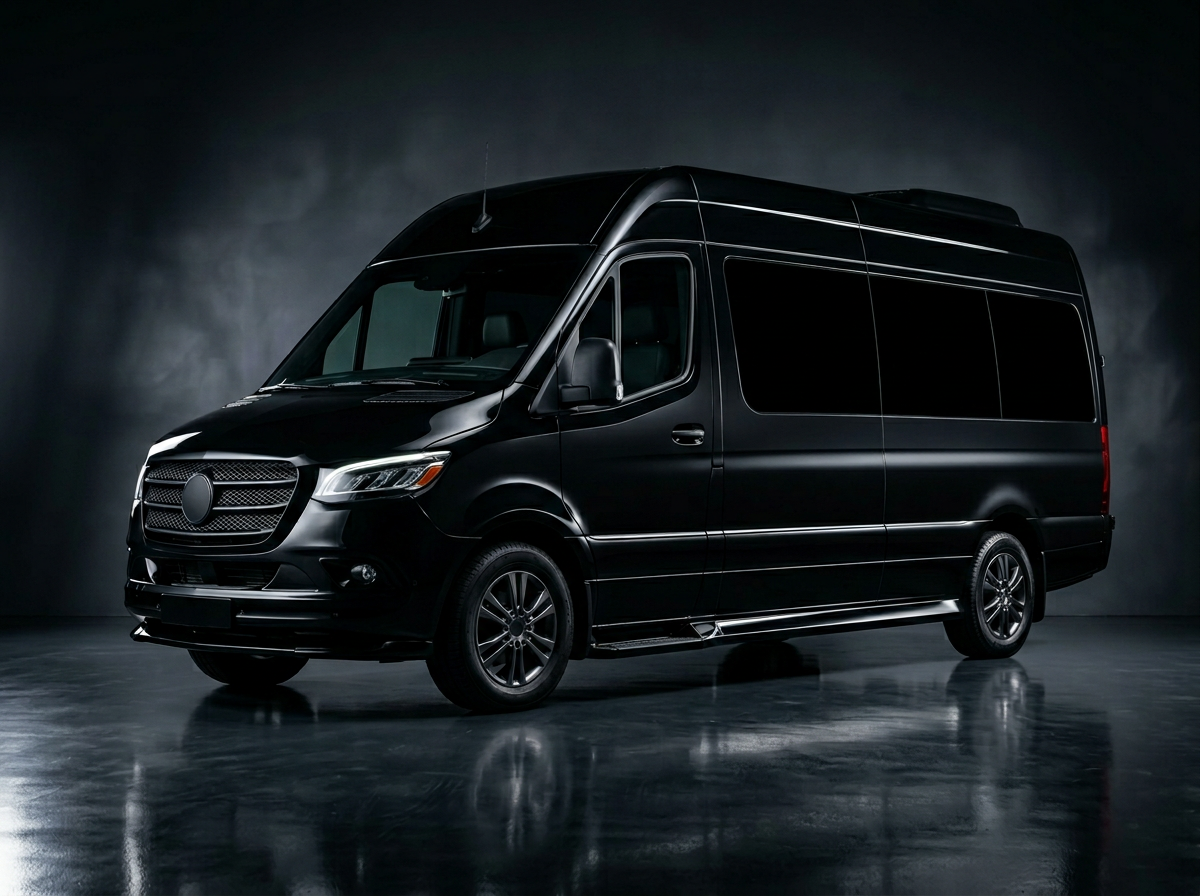 Black Mercedes-Benz luxury Sprinter passenger van for Danville group transportation, wine tours and weddings — 1 to 13 passengers