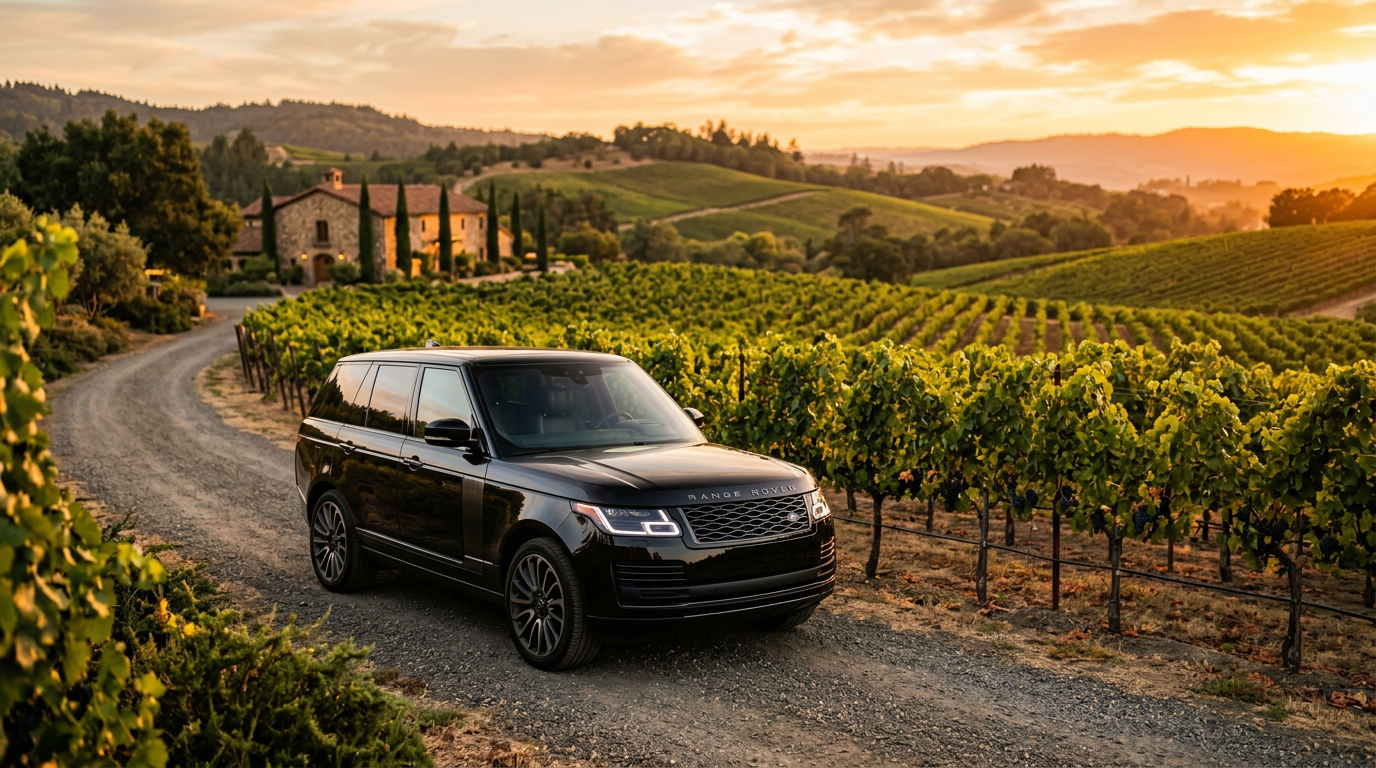 Black luxury SUV parked beside vineyard rows in Napa Valley wine country at golden hour